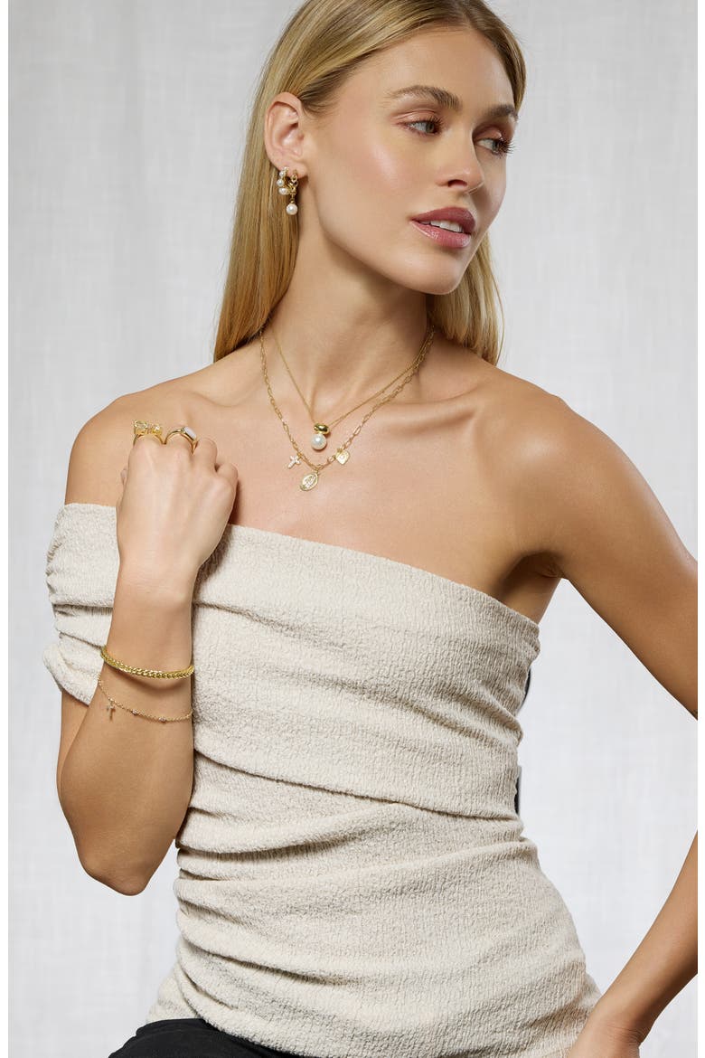 Simulated Pearl Chain Drop Hoop Earrings, Alternate, color, GOLD