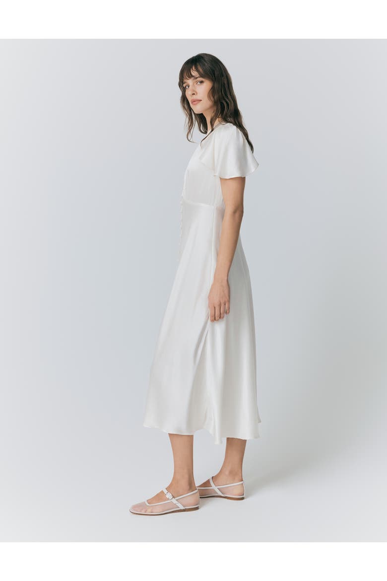 Grace Satin Button V-Neck Dress, Alternate, color, Ivory