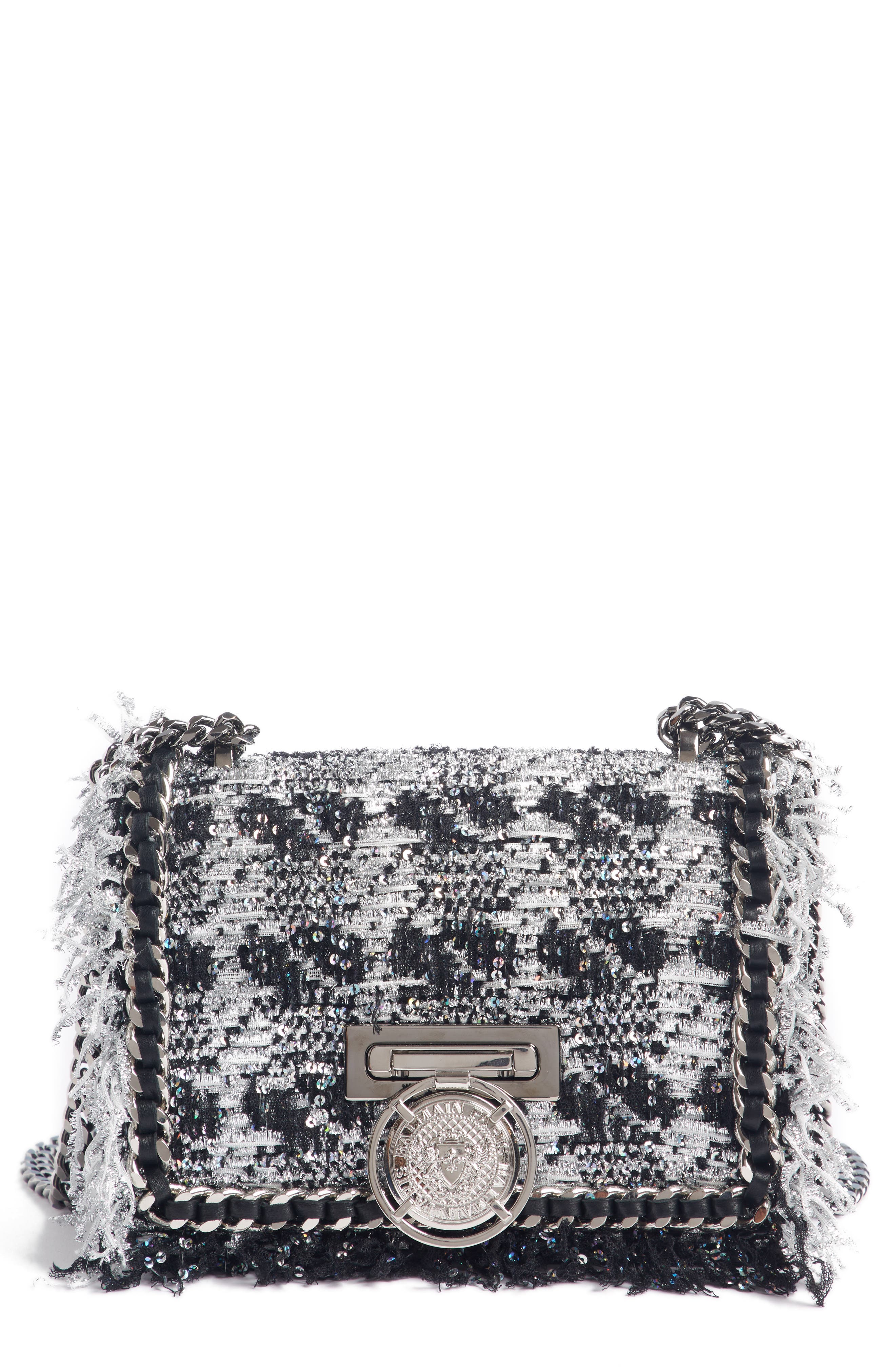 Balmain Metallic Tweed & Leather Box Shoulder Bag, Main, color, 