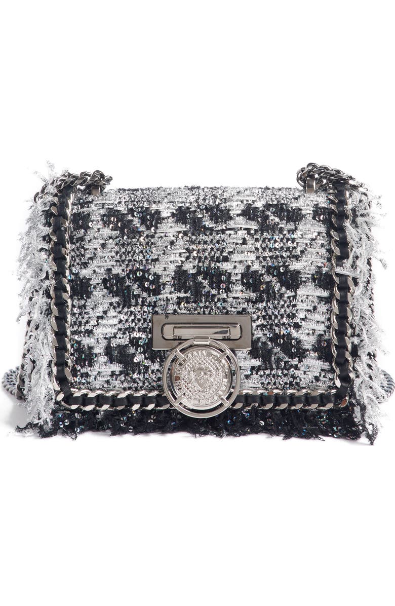Balmain Metallic Tweed & Leather Box Shoulder Bag, Main, color,
