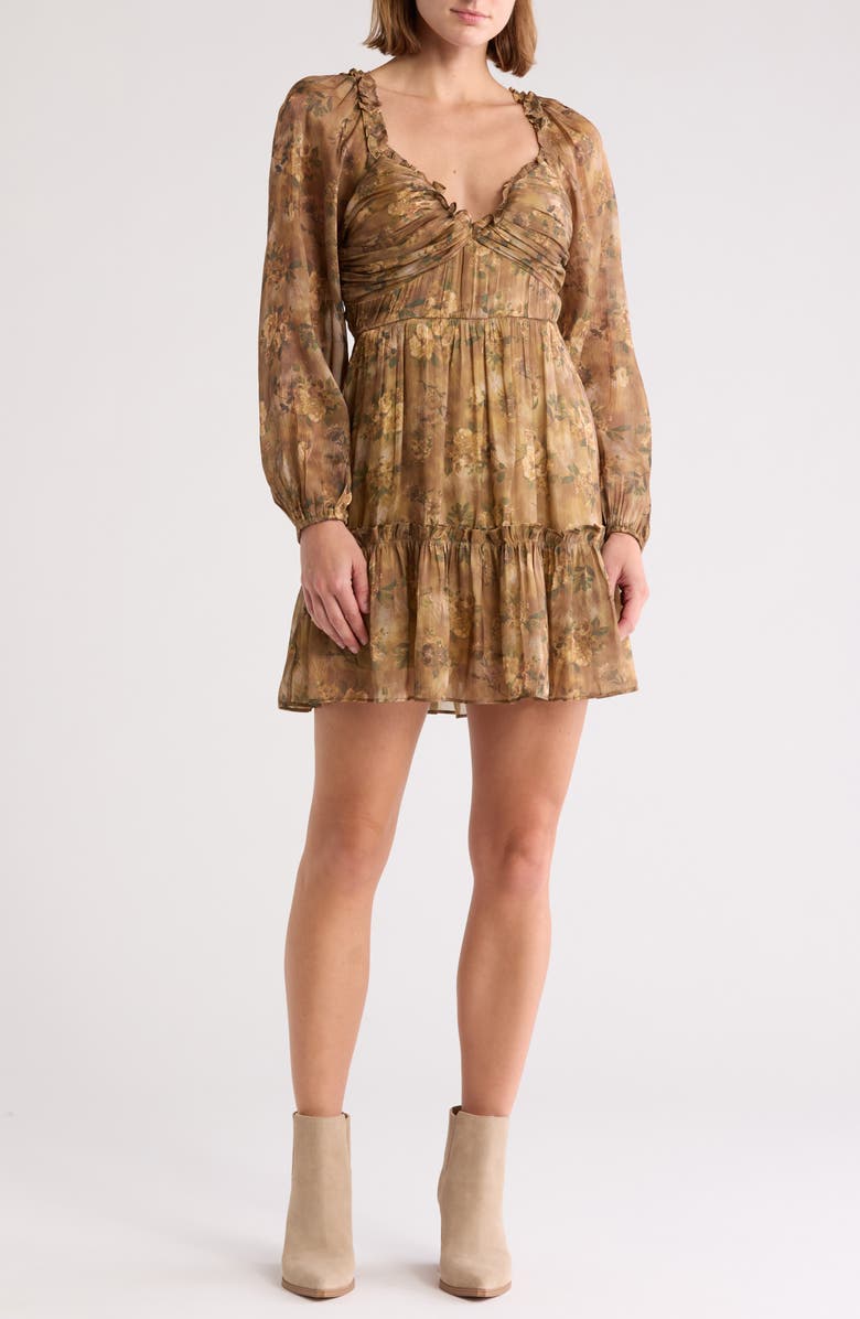 Blu Pepper Floral Metallic Long Sleeve Minidress, Main, color, Brown Multi