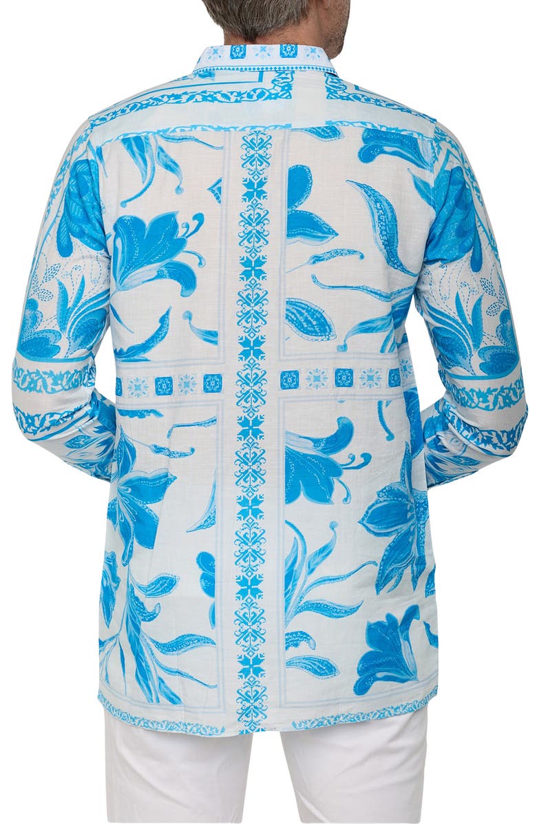 RANEES Extra Trim Fit Print Linen & Cotton Button-Up Resort Shirt, Alternate, color, Blue