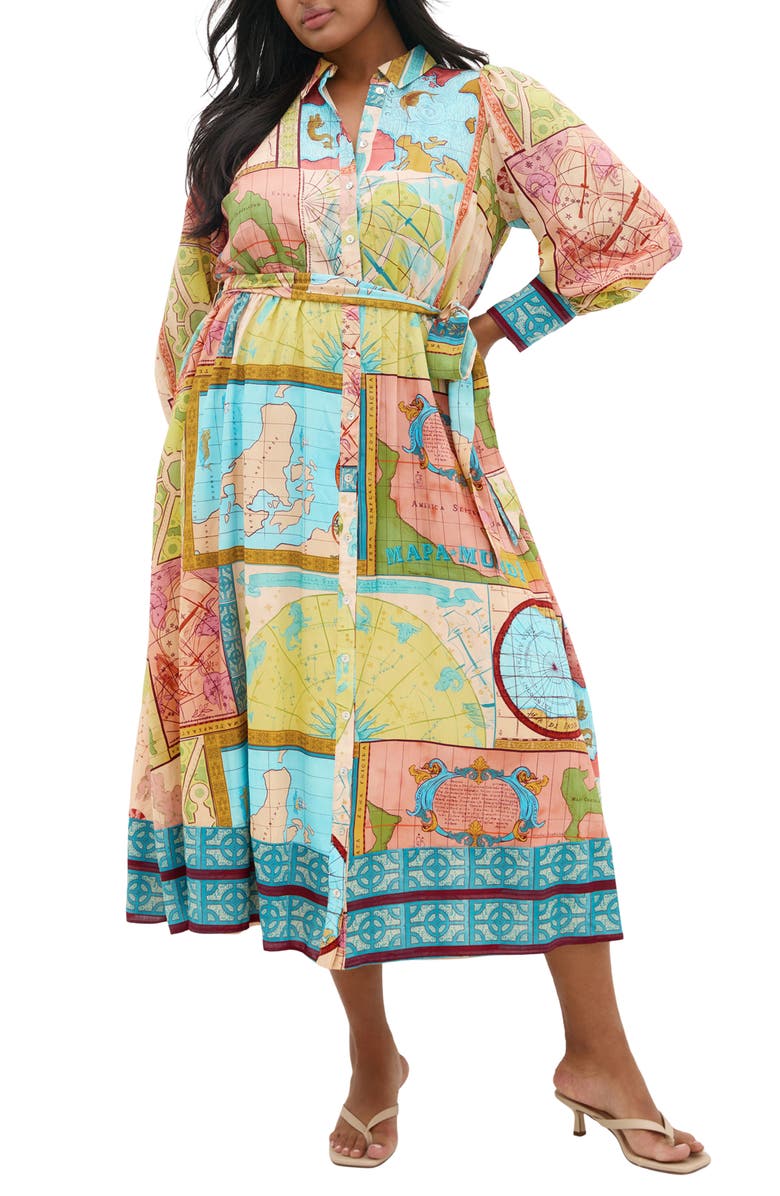 City Chic Paulo Map Print Long Sleeve Shirtdress, Main, color, Wanderlust