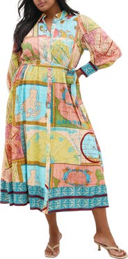 City Chic Paulo Map Print Long Sleeve Shirtdress