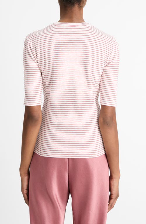 Shop Vince Stripe Elbow Sleeve Cotton Blend Knit Top In Peony Wood Combo