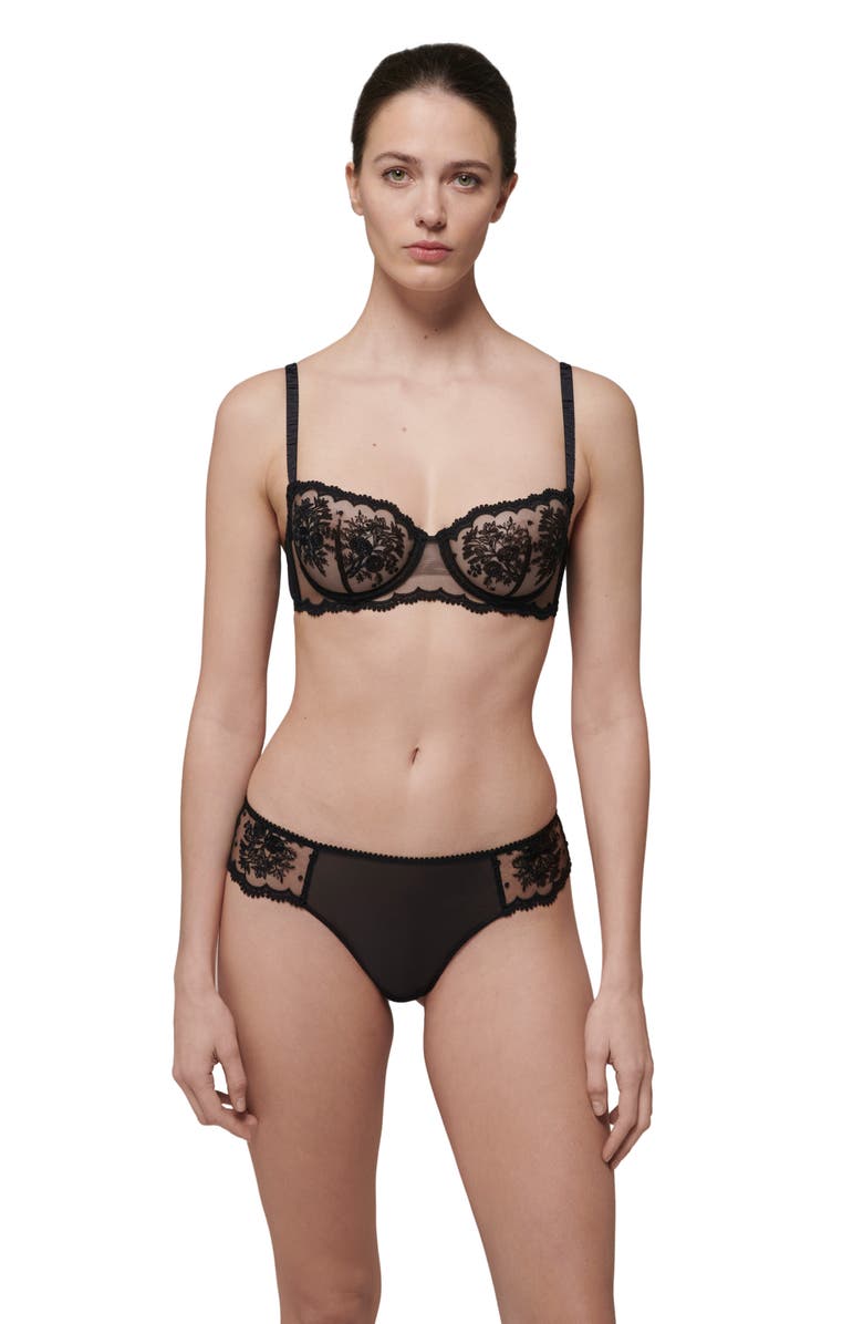 Simone Perele Intrigue Floral Embroidered Tanga, Alternate, color, Black