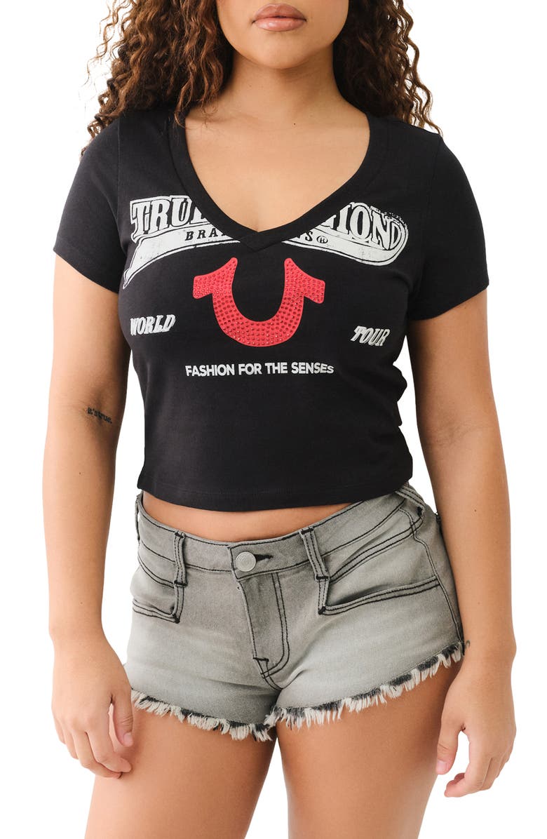 True Religion Embellished Cotton Graphic Baby Tee, Main, color, Jet Black