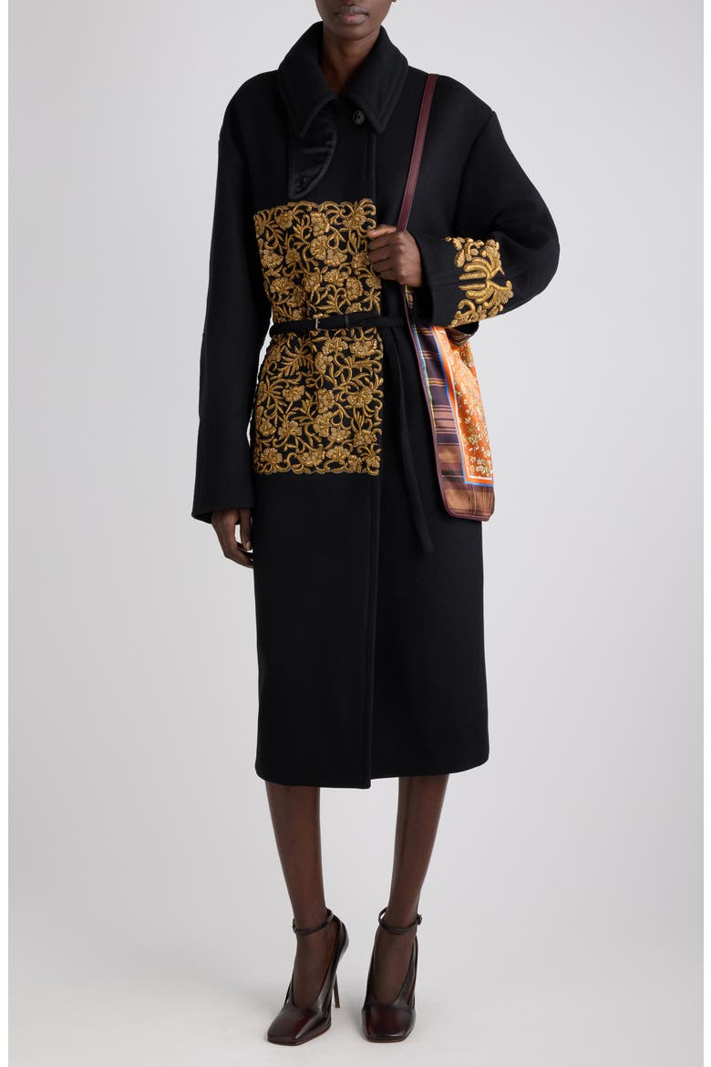 Rain Embroidered Wool Blend Coat, Alternate, color, BLACK
