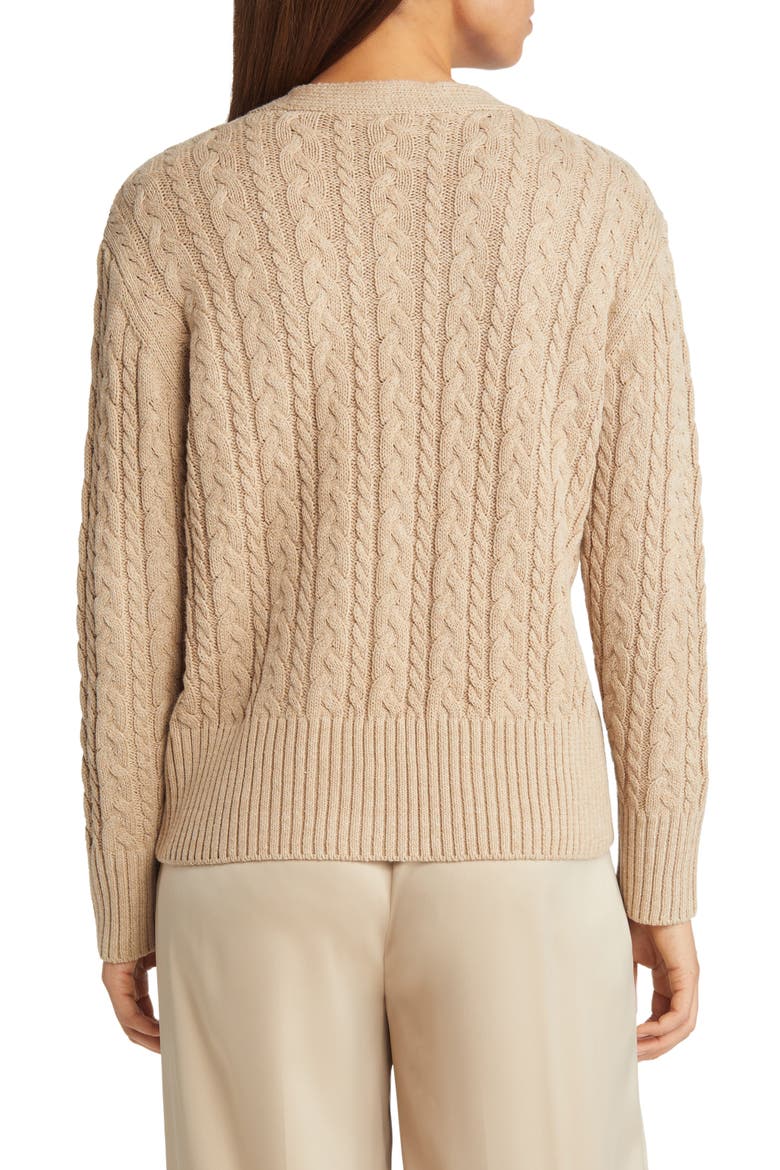 Crystal Embellished Cable Knit V-Neck Cotton Blend Cardigan, Alternate, color, LATTE