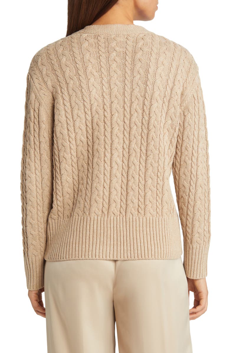 Anne Klein Crystal Embellished Cable Knit V-Neck Cotton Blend Cardigan, Alternate, color, 