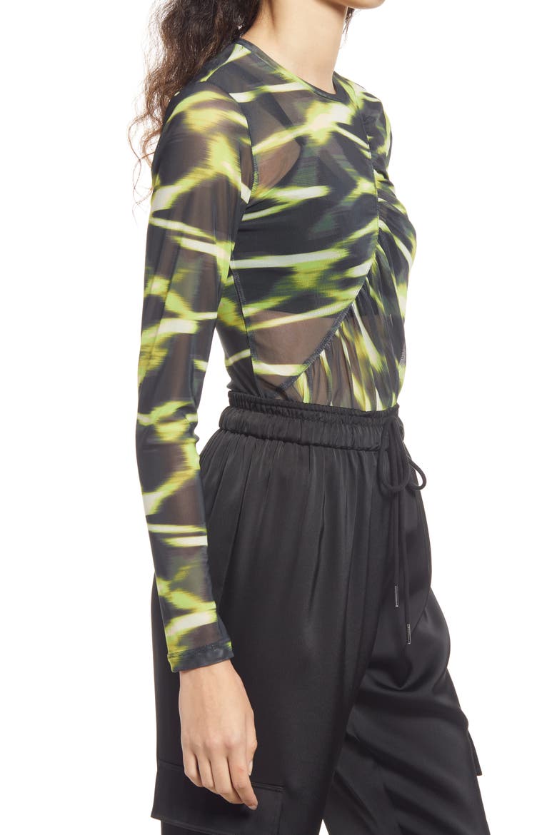 Ruched Mesh Top, Alternate, color, GREEN THYME LIGHTSTRIPE