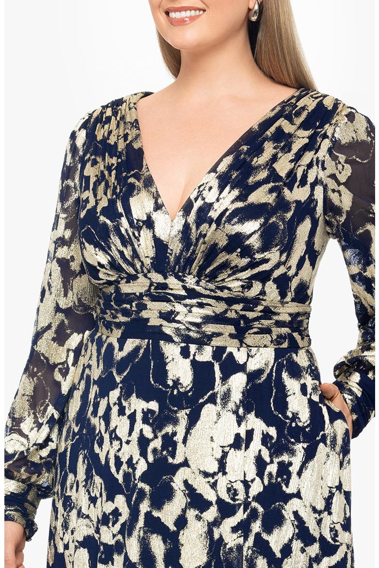 Long Sleeve Foil Print A-Line Gown, Alternate, color, NAVY/ GOLD