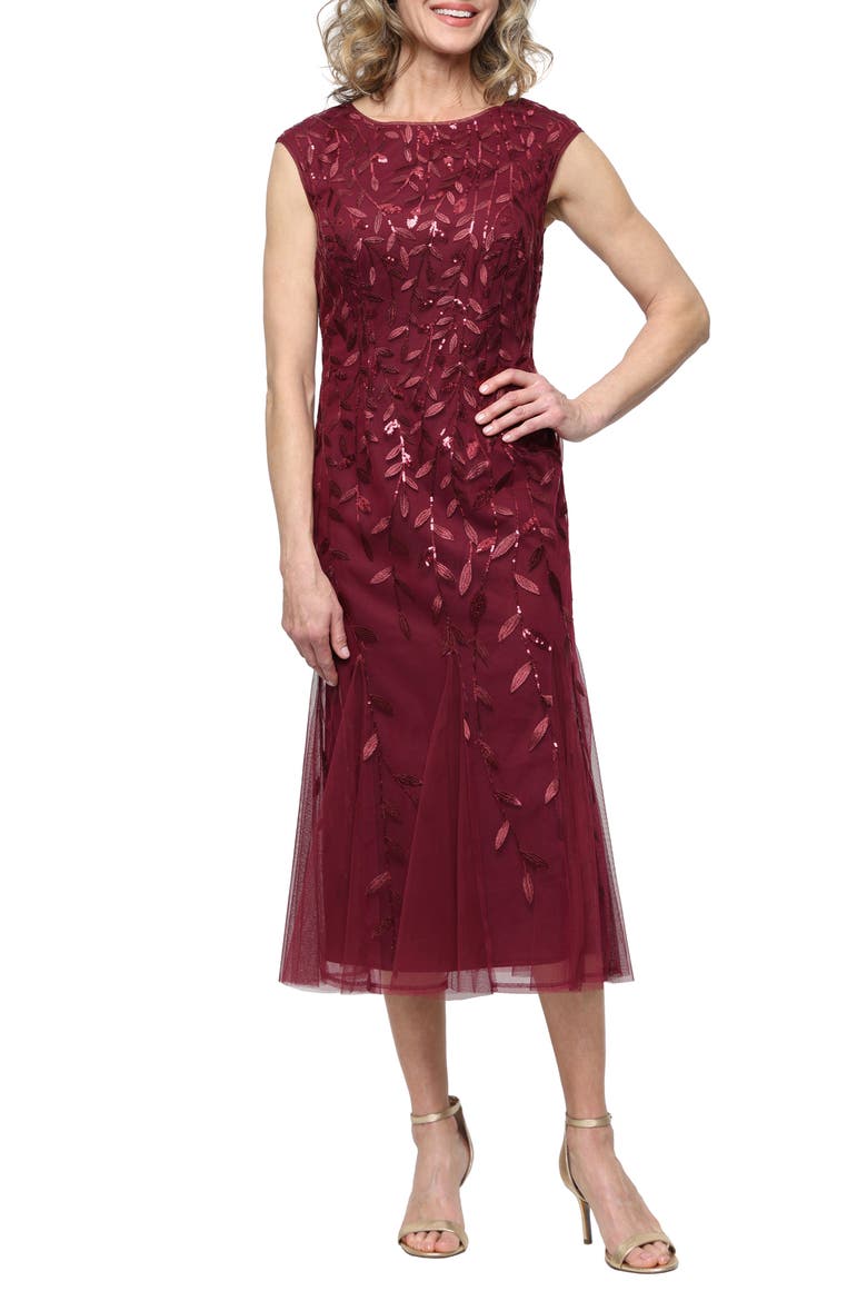 Sequin Leaf Embroidery Cocktail Midi Dress, Main, color, WINE