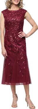 Alex Evenings Sequin Leaf Embroidery Cocktail Midi Dress