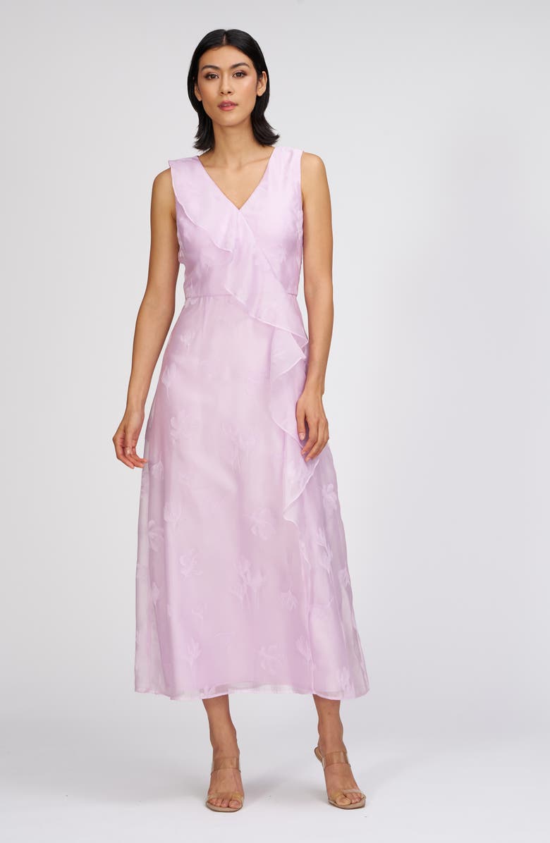 JS Collections Geneva Floral Jacquard Ruffle Detail Cocktail Dress, Alternate, color, Pale Lilac