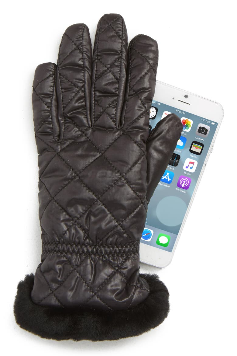 All Weather Touchscreen Compatible Quilted Gloves with Genuine Shearling Trim, Alternate, color, BLACK