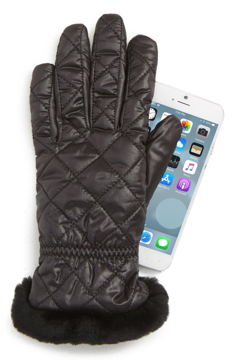 UGG<sup>®</sup> All Weather Touchscreen Compatible Quilted Gloves with Genuine Shearling Trim, Alternate, color, Black