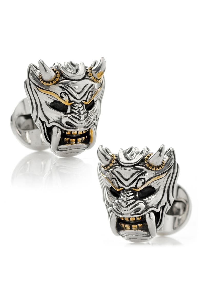 Samurai Mask Cuff Links, Alternate, color, SILVER