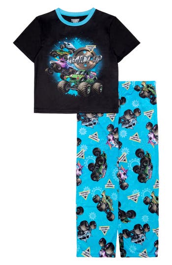 Ame Little And Big Boys 2-piece Monster Jam Short Sleeve Top And Open Leg Pants Pajama Set In Blue