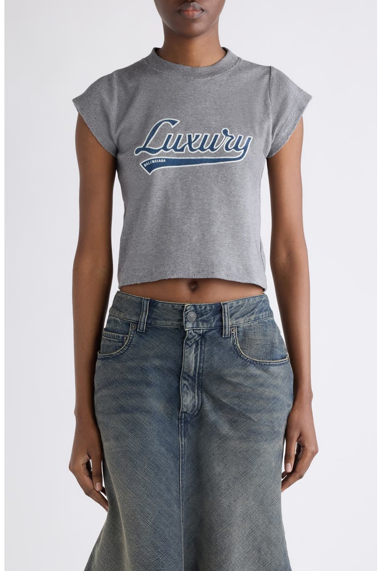 Luxury Script Appliqué Shrunken Cotton T-Shirt, Main, color, DARK HEATHR GREY/ BLUE