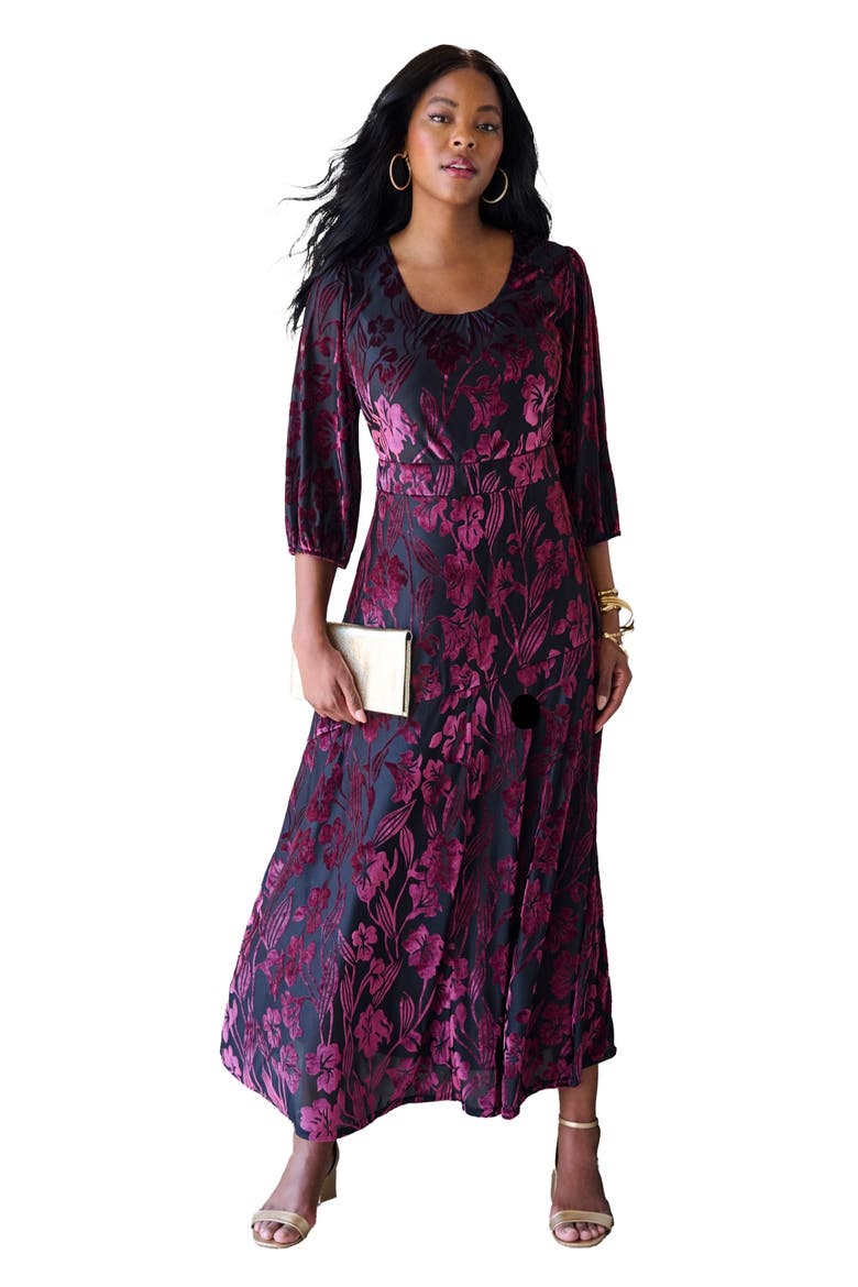 Plus Size Velvet 3/4 Sleeve Burnout Overlay Dress With Sheer Sleeves, Main, color, BLACK FLORAL