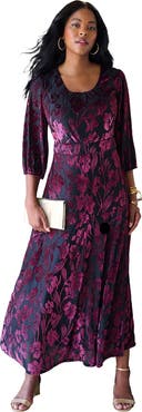 Roaman's Plus Size Velvet 3/4 Sleeve Burnout Overlay Dress With Sheer Sleeves