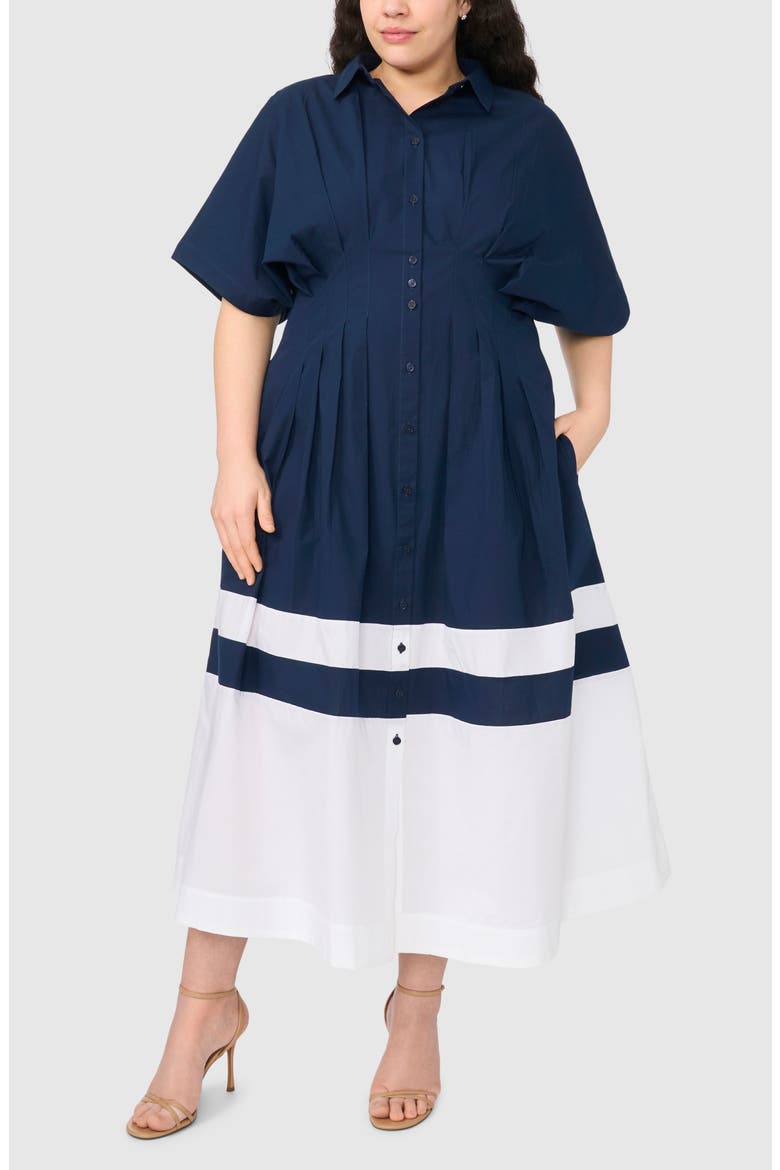 Pleated Combo Hem Cotton Maxi Shirtdress, Main, color, CLASSIC NAVY