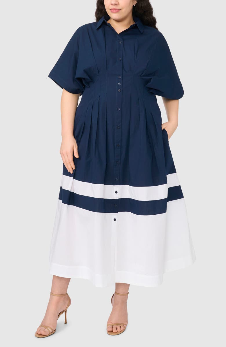 Halogen<sup>®</sup> Pleated Combo Hem Cotton Maxi Shirtdress, Main, color, Classic Navy