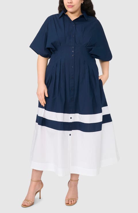 Pleated Combo Hem Cotton Maxi Shirtdress (Plus)