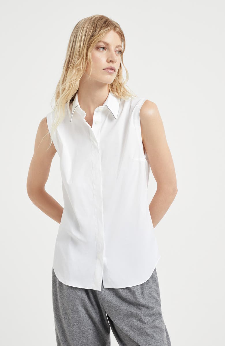 Brunello Cucinelli Stretch cotton poplin sleeveless shirt with shiny trim, Alternate, color, 