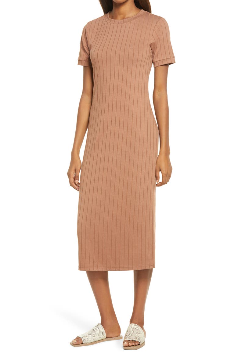 The Romie Ribbed Midi T-Shirt Dress, Main, color, TOFFEE