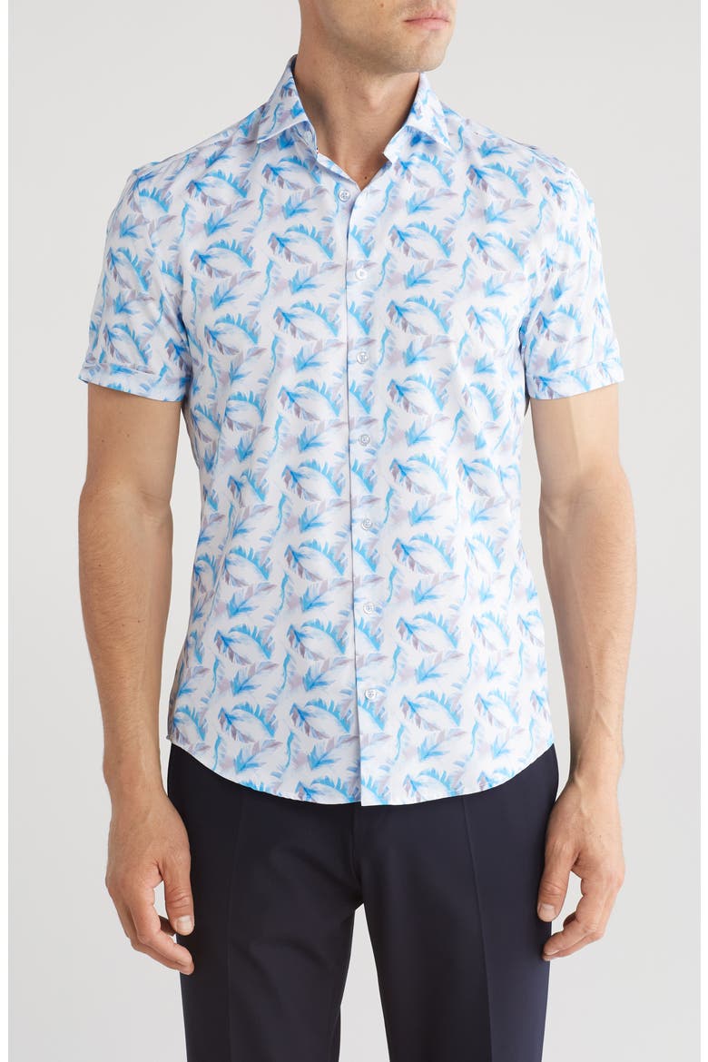Feather Print Performance Short Sleeve Button-Up Shirt, Main, color, WHITE