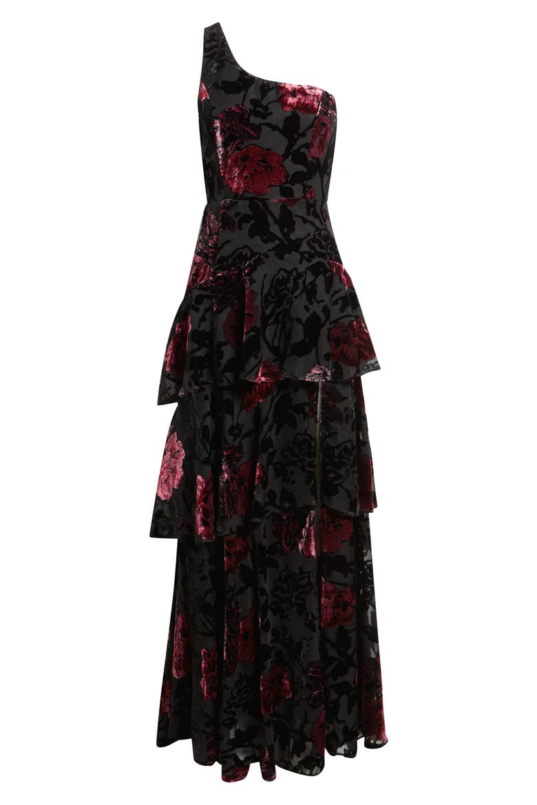Elodie One Shoulder Burnout Floral Tiered Dress, Alternate, color, BLACK MULTI