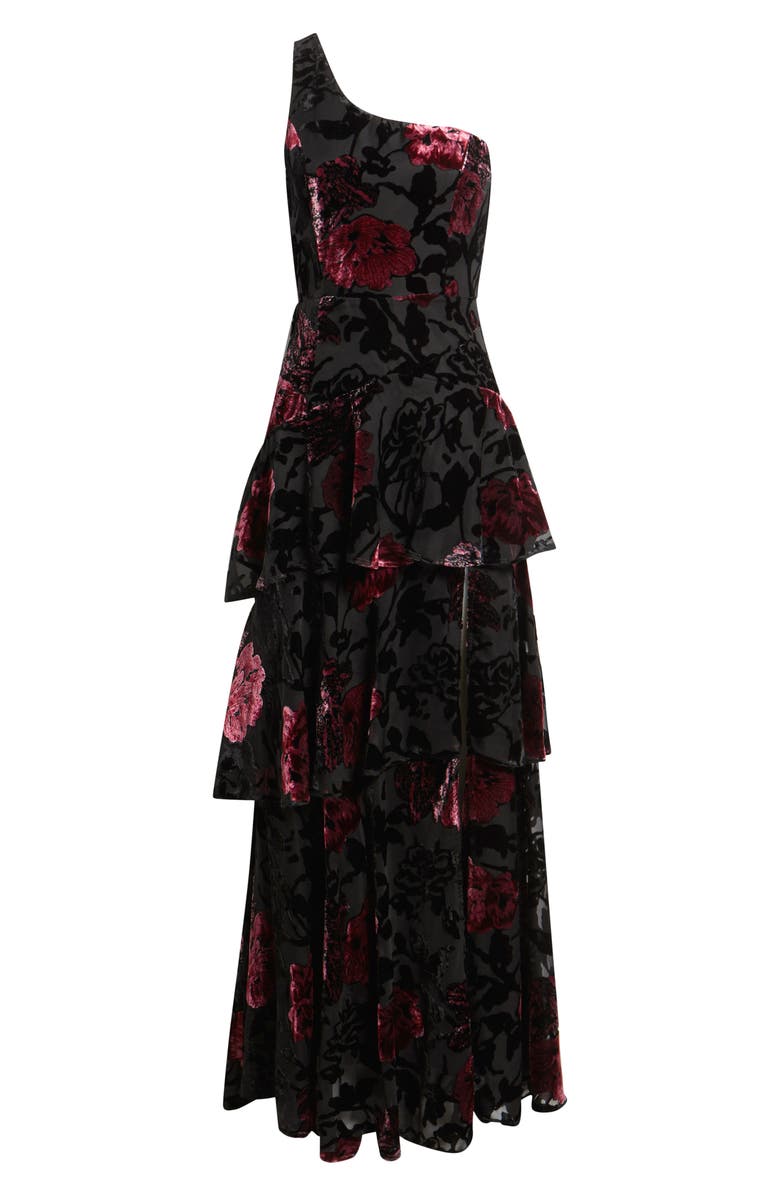 Lulus Elodie One Shoulder Burnout Floral Tiered Dress, Alternate, color, Black Multi