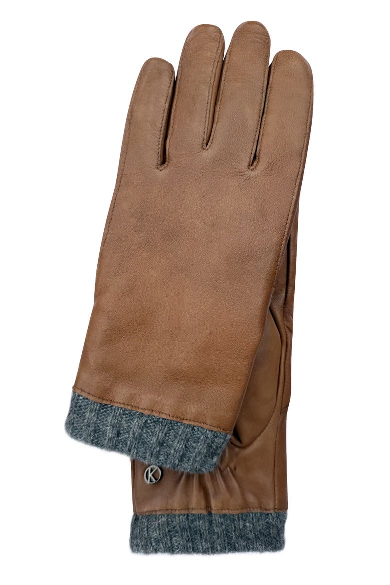 Leather gloves with knitted cuff and touch function, Main, color, medium brown