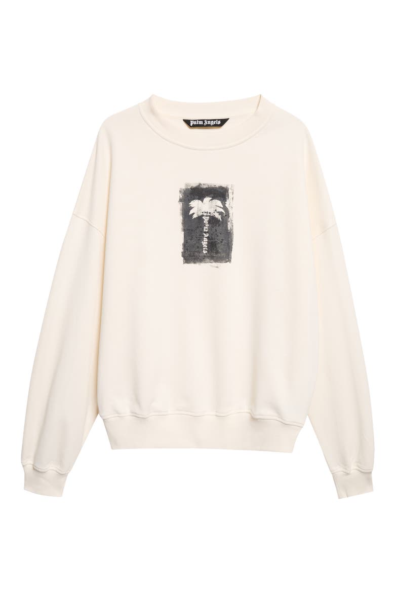 Palm Tree Loose Brushed Cotton Crewneck Sweatshirt, Alternate, color, OFF WHITE - BLACK