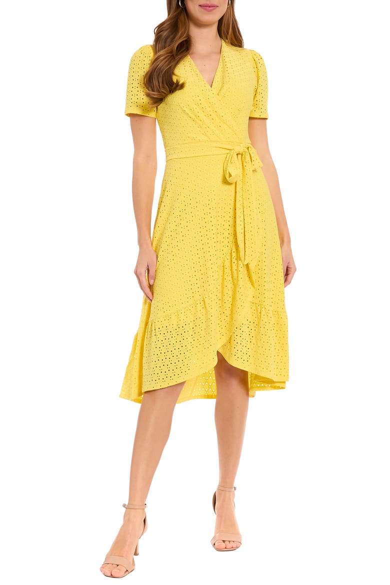Jersey Eyelet Faux Wrap Dress, Main, color, SNAPDRAGON