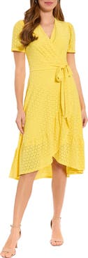 London Times Jersey Eyelet Faux Wrap Dress