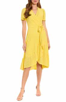 London Times Jersey Eyelet Faux Wrap Dress
