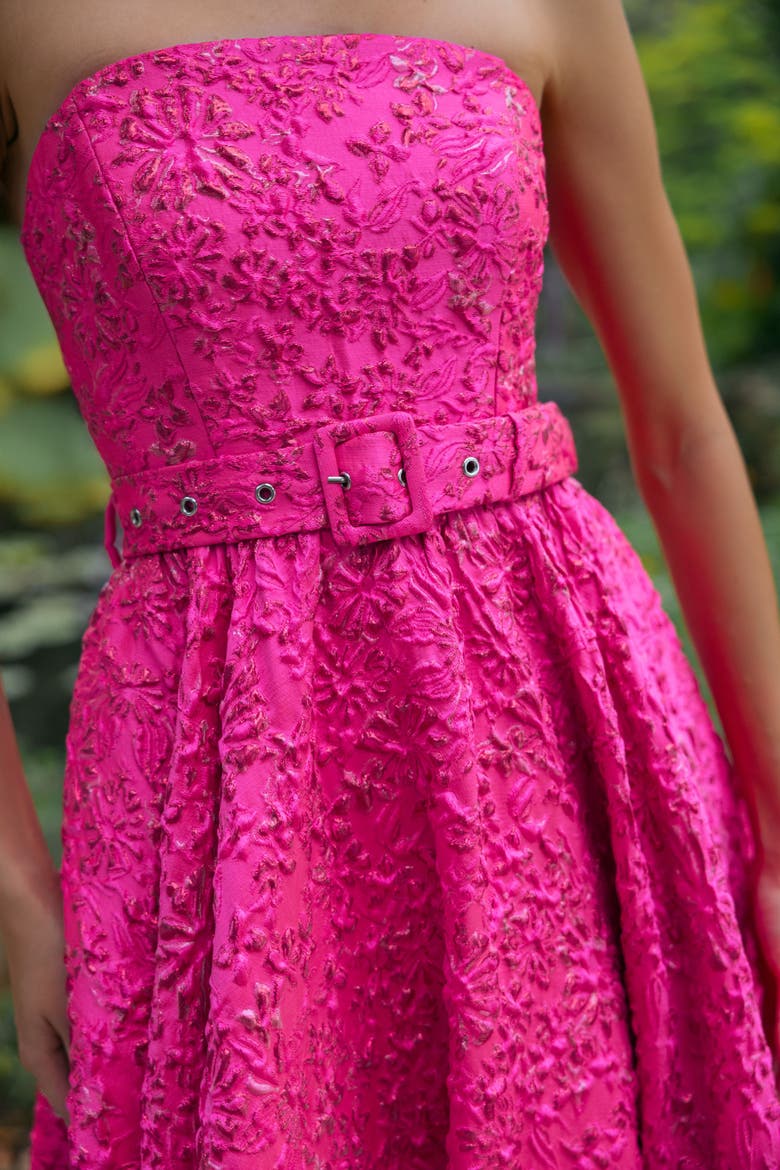 Strapless Floral Brocade Ruffle Hem Gown With Belt, Alternate, color, Hot Pink