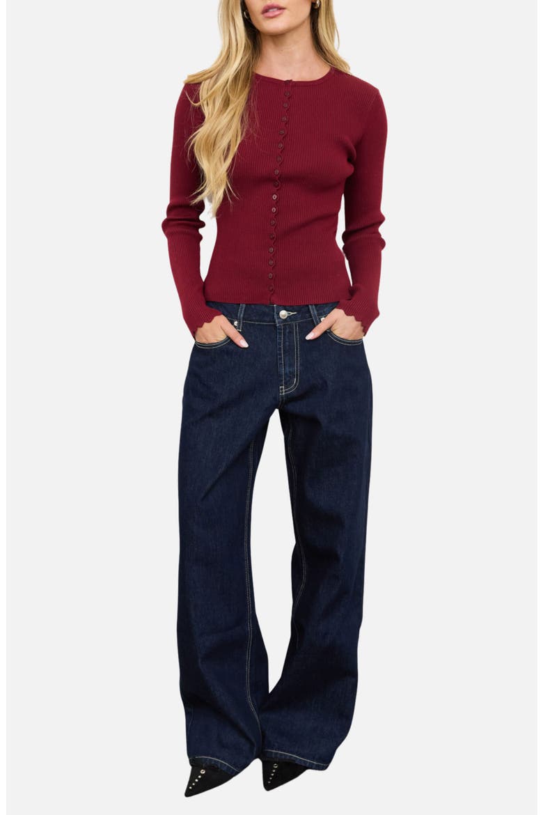 Scalloped Rib Cardigan, Alternate, color, DEEP RED