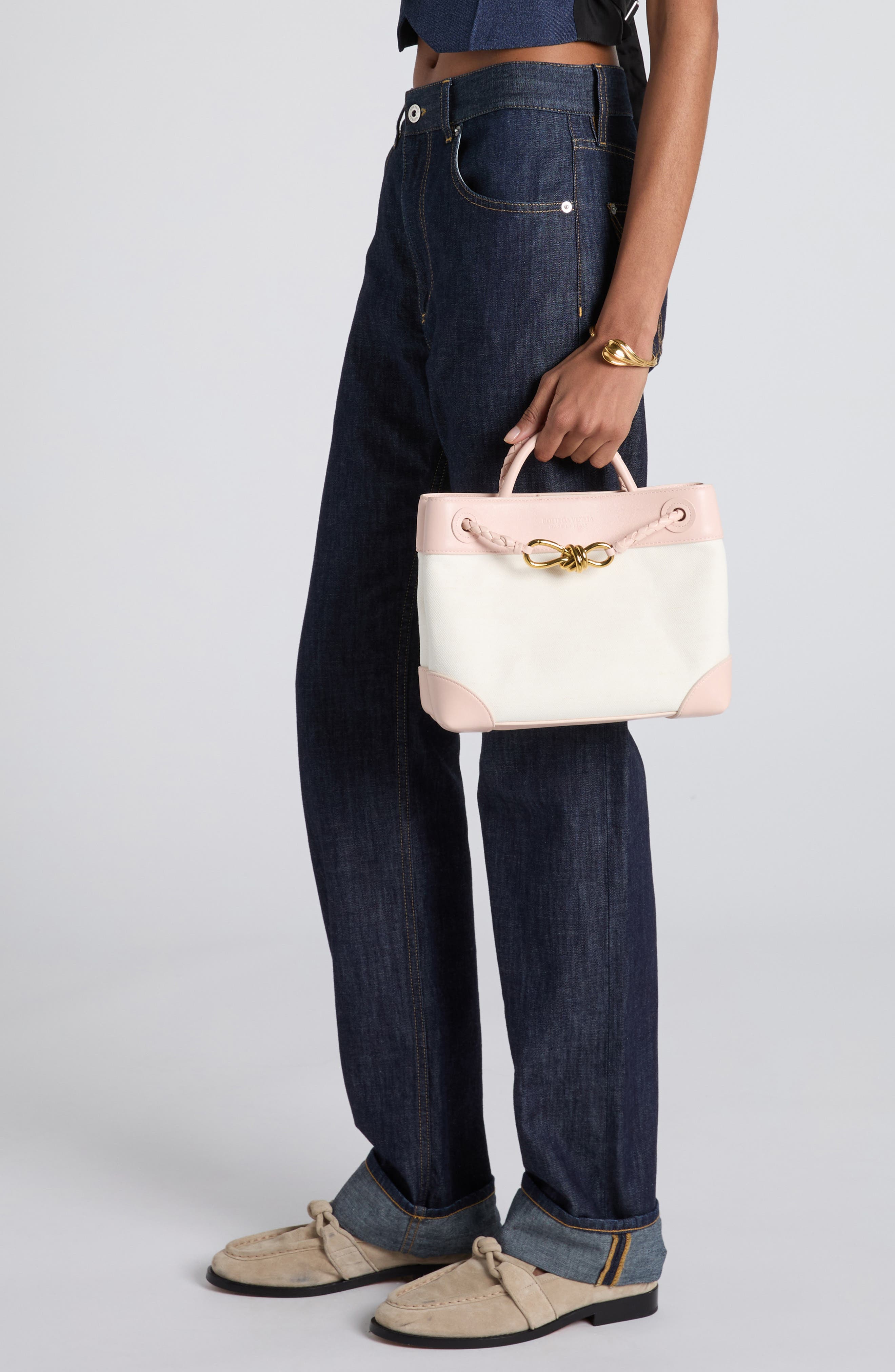 Bottega Veneta Small Andiamo Canvas & Leather Top Handle Bag, Alternate, color, White/ Cameo-Mb