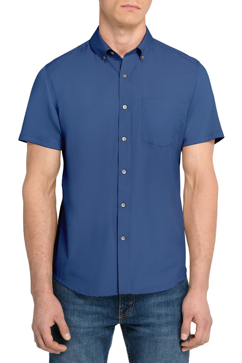 Hudson Reworked Slim Fit Solid Short Sleeve Cotton Button-Up Shirt, Main, color, MED BLUE