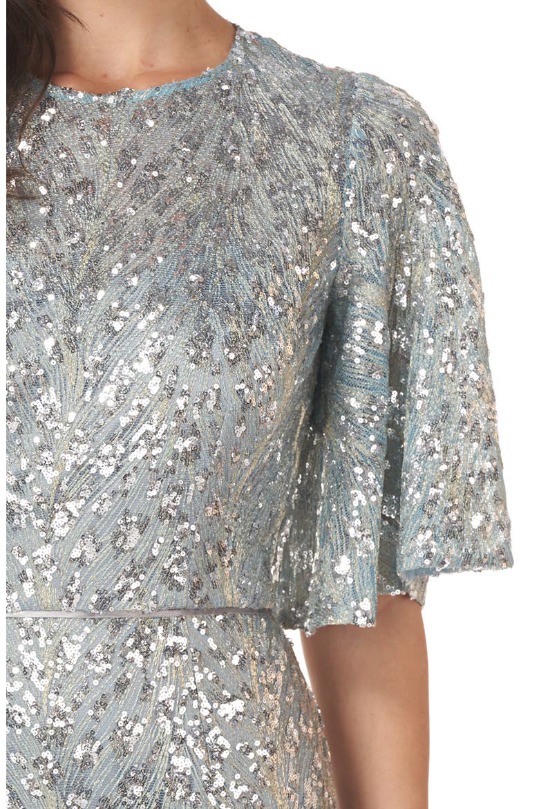 Sequin Flutter Sleeve Trumpet Gown, Alternate, color, SPEARMINT SILVER