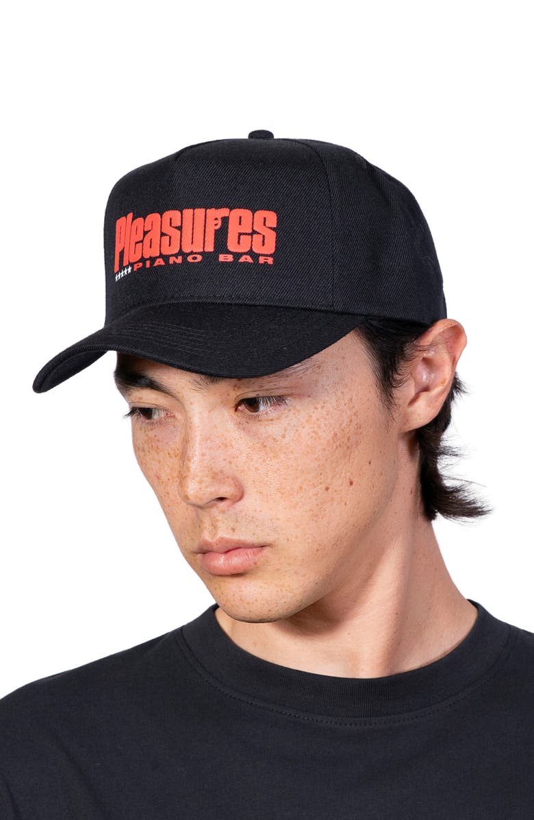 PLEASURES Piano Bar Snapback Cotton Twill Trucker Hat, Alternate, color, Black