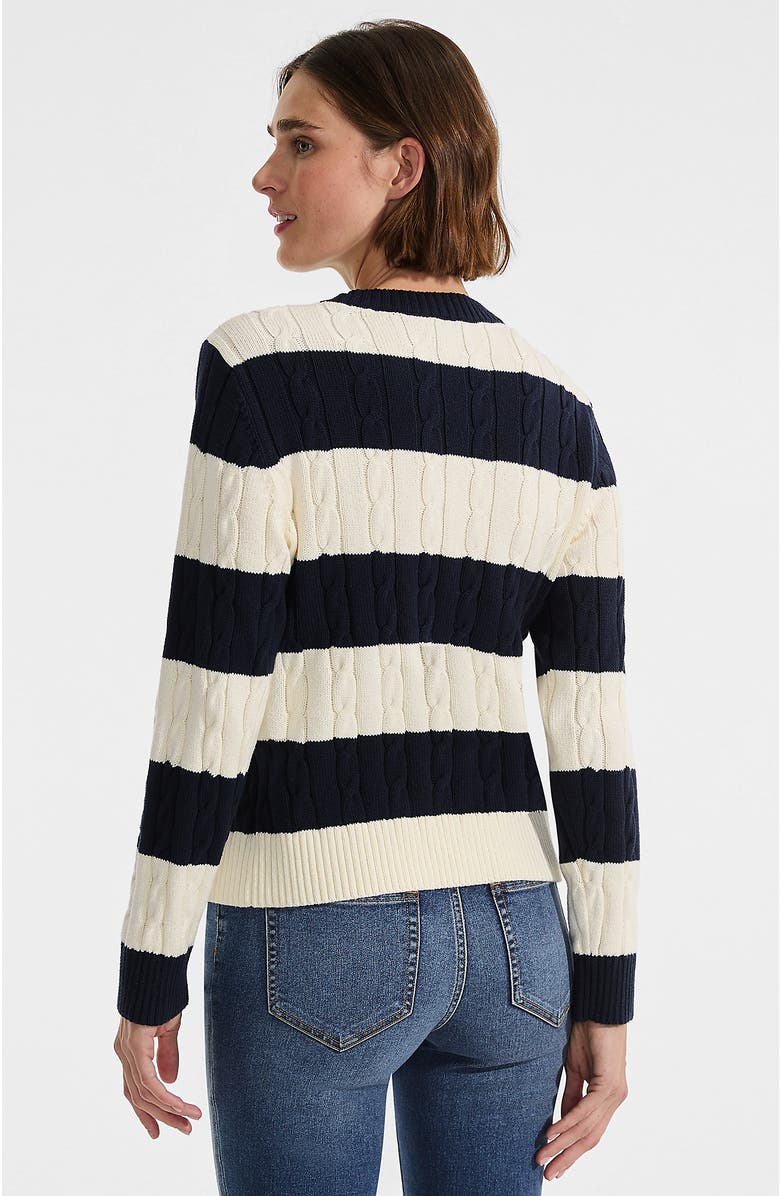 Lands' End Cotton Cable Drifter Crewneck Sweater, Alternate, color, Navy/Ivory Rugby Stripe