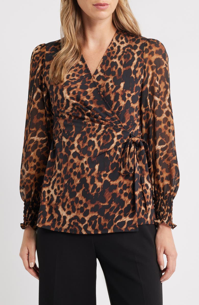 Anne Klein Smocked Cuff Wrap Top, Main, color, Anne Black Multi