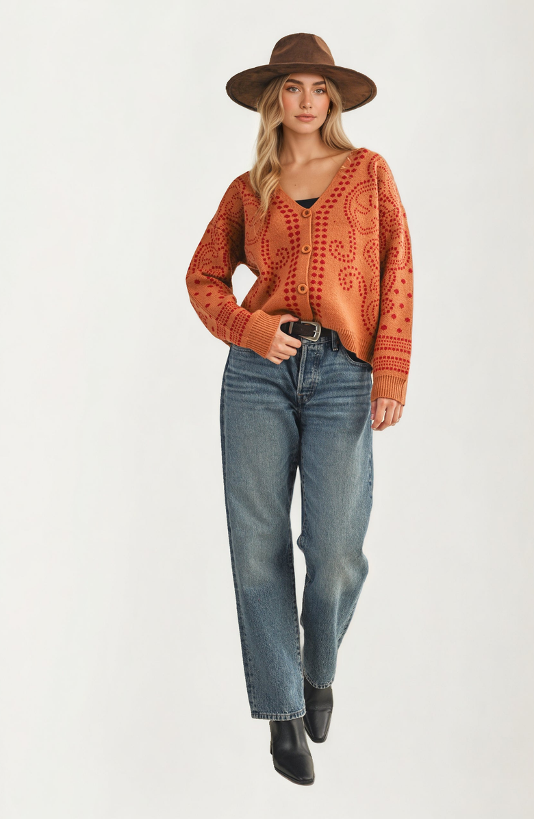 Knit and Lounge Patterned Button Relaxed Modern Fit Cardigan, Alternate, color, Orange-Toned Brown