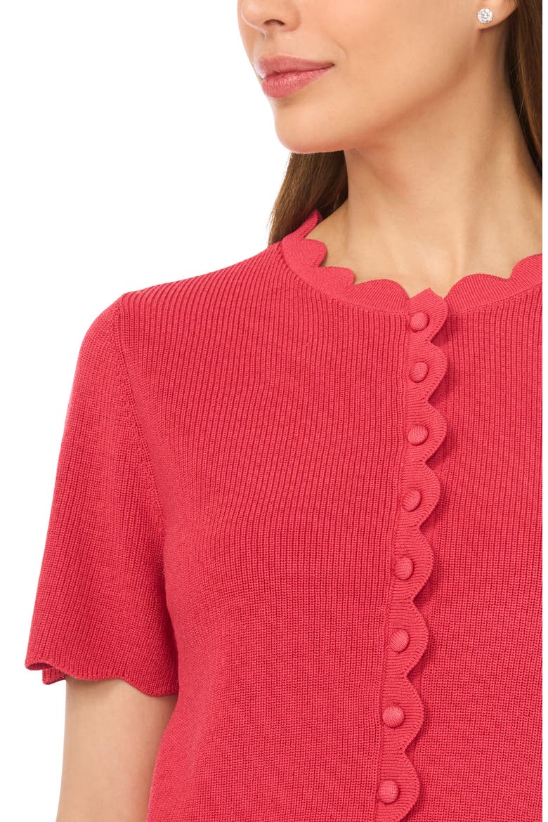 Scallop Edge Short Sleeve Cardigan, Alternate, color, CLARET