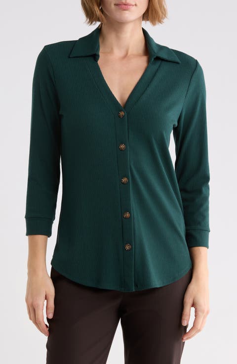 Ribbed Button Front Three Quarter Sleeve Top